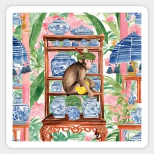 Monkey on the shelf with chinoiserie jars Sticker